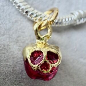 Snow White Poison Apple Skull Dangle Charm Red Gold Tone fits PANDORA
